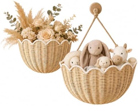 Scalloped Wall Basket 2 Pcs Hand Woven Wicker Hanging Basket Rattan Wall Decor by Unknown