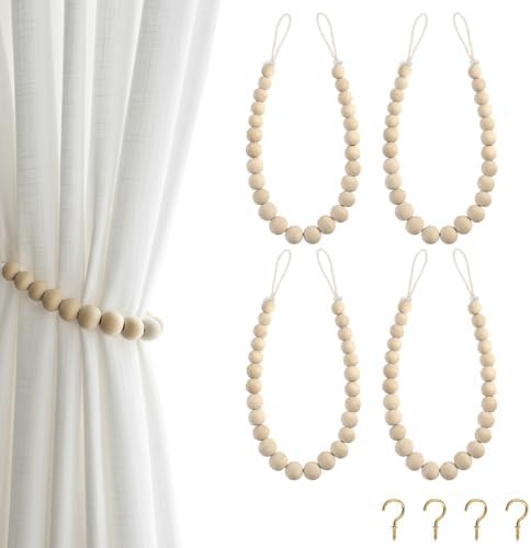 Hion 4 Pcs Boho Curtain Tiebacks, Wood Beads Curtain Holdbacks, Outdoor by Hion