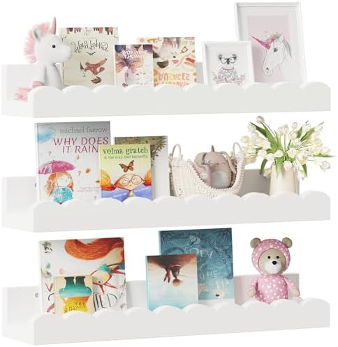 3-Pack Scalloped Shelves, Nursery Shelves, Floating Book Shelves by Yirilan