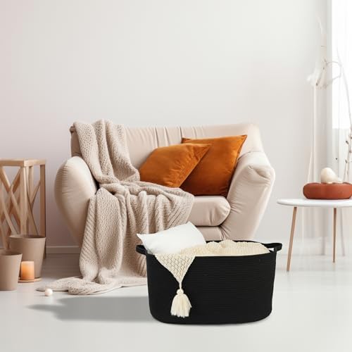 XUANGUO Large Rectangle Woven Cotton Rope Blanket Basket 22"x17"x12" Black - Image 5
