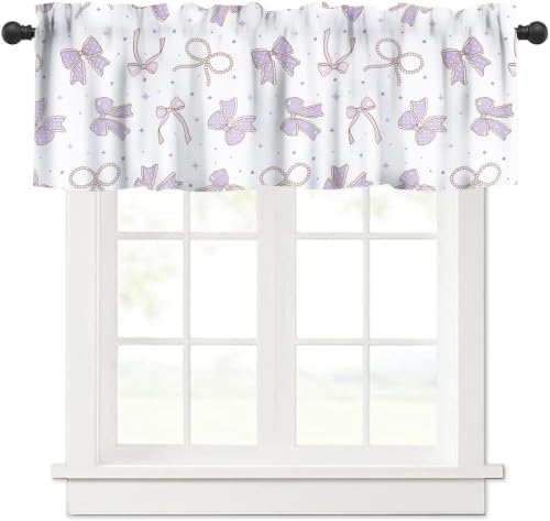 Purple Bow Girls Valance, Cute Cartoon Pearl Ribbon Bow Stars Princess Romantic by JanJCurt