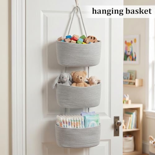 TeoKJ Over the Door Hanging Basket, 3-Tier Woven Cotton Wall-Mounted Storage - Image 4