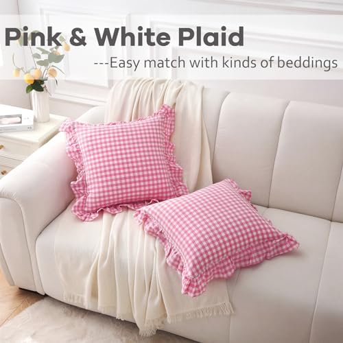2 Pack Pink White Gingham Ruffle Throw Pillow Covers 18''x18'' - Image 2