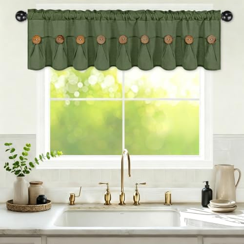 FRAMICS Farmhouse Valance Curtains, Boho Cotton Linen Kitchen Valance, Olive by FRAMICS