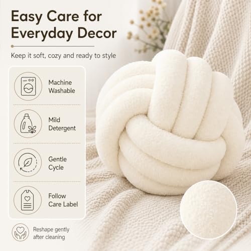 Petrella Ivory White Knot Pillow Ball, 8 Inch Round Decorative Throw Pillow - Image 5