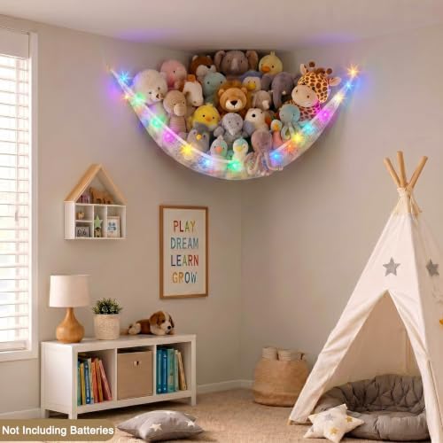Stuffed Animals Hammock with LED Light Toy Net Room Decor Corner Storage - Image 2