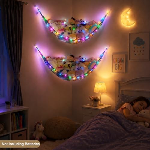 Stuffed Animals Hammock with LED Light Toy Net Room Decor Corner Storage - Image 3