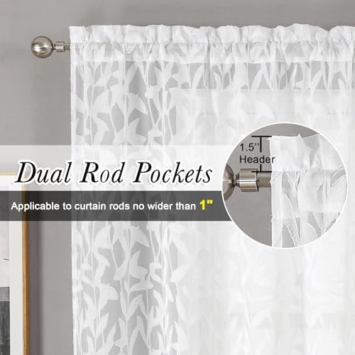 Lecloud Leia White Sheer Kitchen Curtains 36 Inch Length 2 Pcs, Jacquard Leaf - Image 5