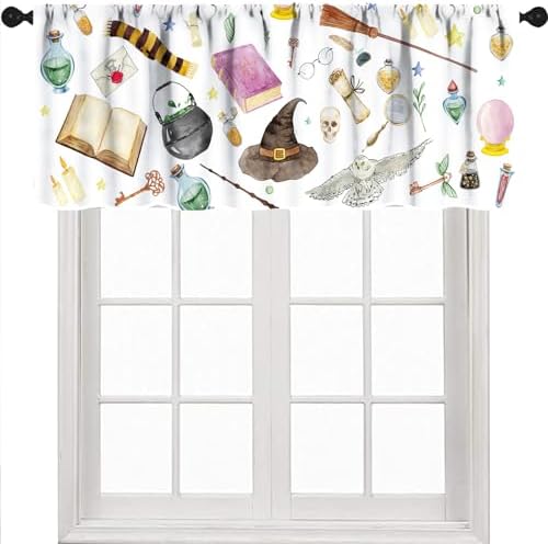 Witchy Magical Window Valance, Funny Magic Book Wizard Hat Broom Owl Mysterious by Unknown