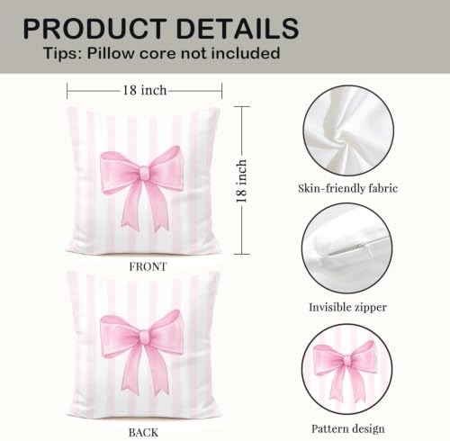 Blush Bow Decorative Throw Pillow 18x18 Inch – Cute Blush Pink Striped Pillow - Image 2