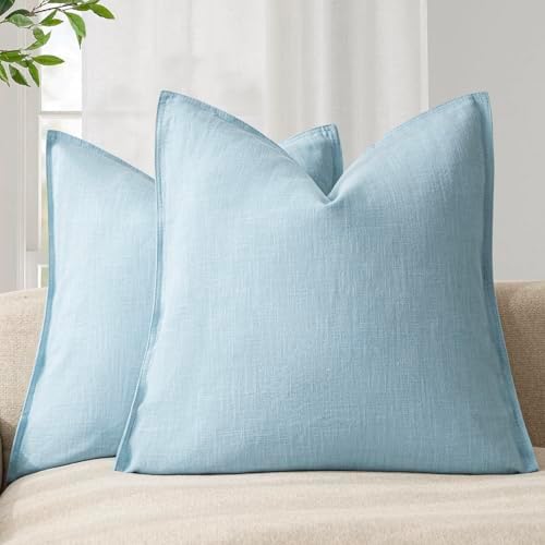 Foindtower Linen Solid Decorative Throw Pillow Covers 22x22 Inch Light Blue by Foindtower