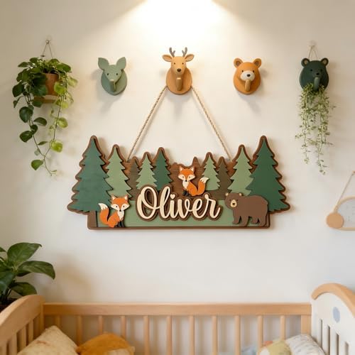 Personalized Kids Name Sign Wooden Forest Animal Wall Decor, Custom Baby Name - Image 3