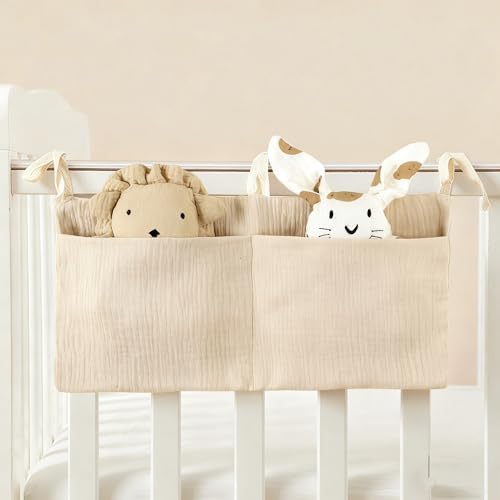 Muslin Cotton Baby Bedside Hanging Storage Bag, 2-Pocket Crib Diaper Caddy by DEZIGKA