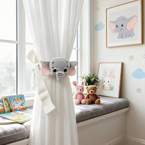 2 Pack Cartoon Grey Elephant Curtain Tiebacks, Cute Embroidered Curtain by YGNNIU