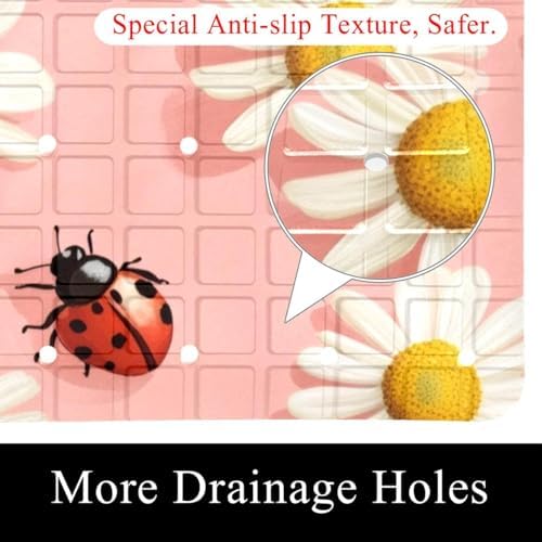 Shower Mat Non Slip 26.8 x 15.1 Inches, Daisies Ladybug Bathtub Mat Shower - Image 2