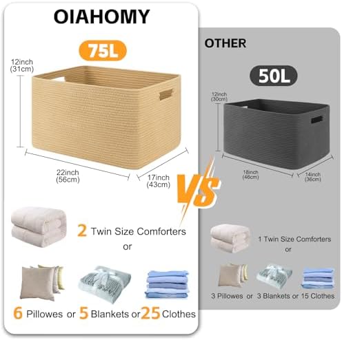 OIAHOMY 75L Large Blanket Basket Woven Storage Basket - Image 3