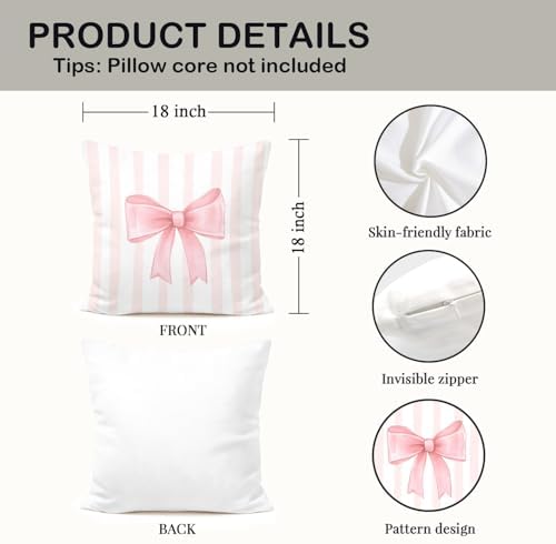 Coquette Pink Bow Striped Pillow Cover 18x18, Girly Ribbon Bow Decorative Throw - Image 2