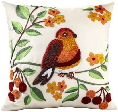 Embroidered Throw Pillow Cover, 20x20 Inch, Bird Branch by Kokaaee