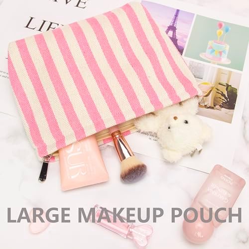 Flat Makeup Bag for Women, Zipper Cosmetic Pouch for Purse, Stripe Pink - Image 6