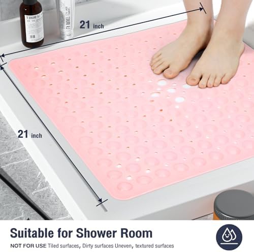 Square Shower Mat Bathtub Mat Tub Bath Mat Non Slip Pink 21"x21" - Image 5