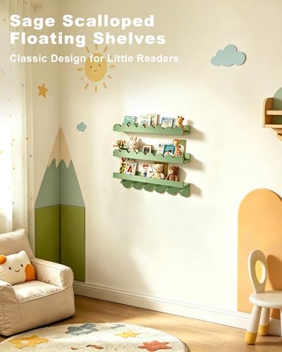 Nursery Book Shelves with Hooks, Scalloped Shelves - Image 2