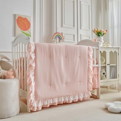 Ruffled Crib Bedding Set Floral Design 3 Pieces Baby Boho Quilted Comforter - Image 3