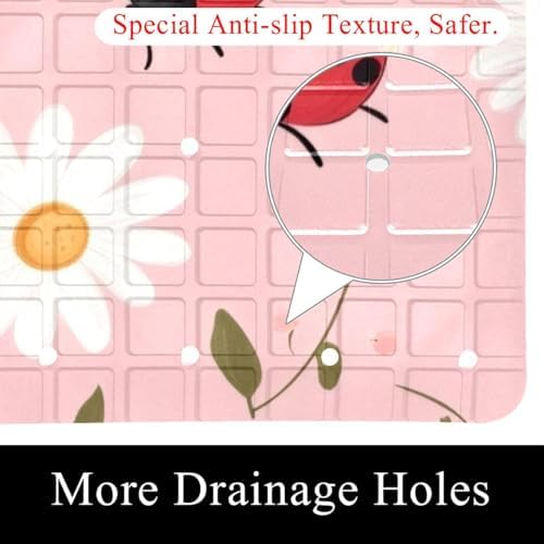 Shower Mat Non Slip 26.8 x 15.1 Inches, Ladybugs Daisies Bathtub Mat Shower - Image 2