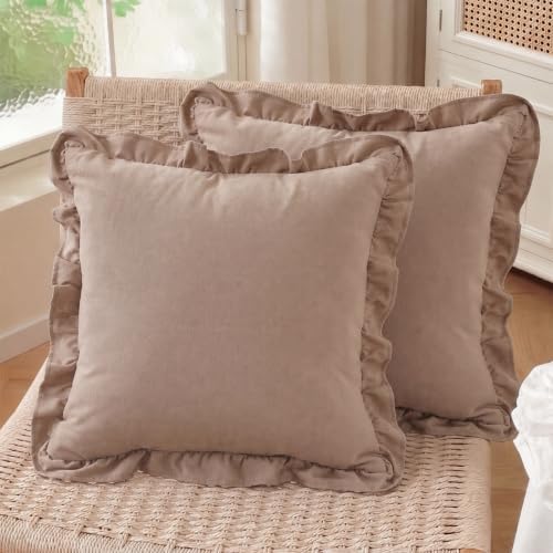 Set of 2 Taupe Ruffle Throw Pillow Covers 18x18 Inch, Solid Color Pillow Cases by HOSTECCO