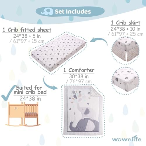Mini Crib Bedding Set for Boys, Premium 3 Piece Elephant Baby Mini Crib Bedding - Image 4