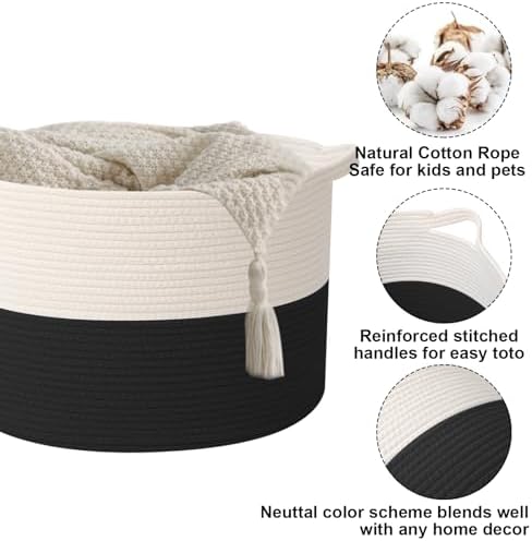 90L Extra Large Blanket Basket, Woven Laundry Basket-White&Black - Image 3