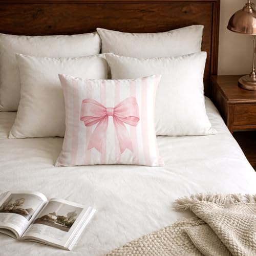 Coquette Pink Bow Striped Pillow Cover 18x18, Girly Ribbon Bow Decorative Throw - Image 5