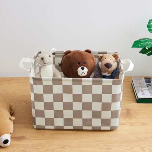 Ohocut Khaki White Checkered Canvas Basket, Rectangular Organizing Decorative - Image 4
