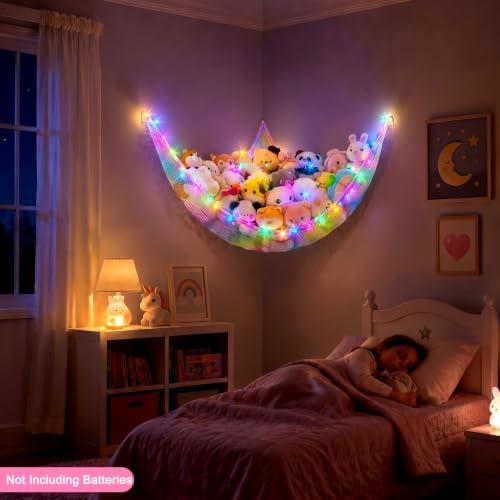 Stuffed Animals Hammock with LED Light Toy Net Room Decor Corner Storage - Image 3