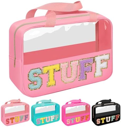 Iqimott Chenille Letter Patch Stuff Bag, Preppy Clear Makeup Cosmetic Bag Large by Iqimott