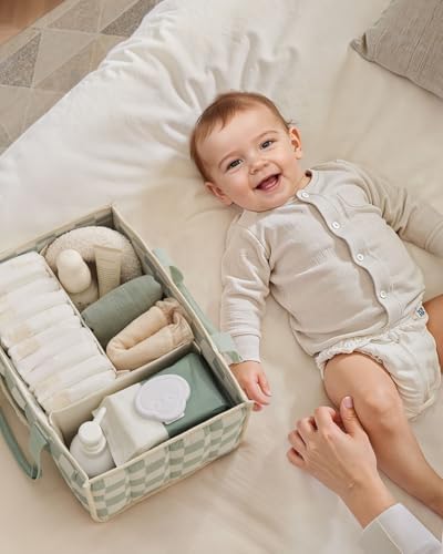Blissful Diary Checkered Diaper Caddy Organizer, Storage Basket, Sage Green - Image 6