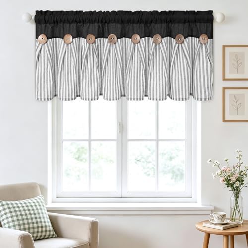 ASPMIZ Cotton Linen Kitchen Valance Curtains, Boho Rustic Button Linen Valances - Image 2