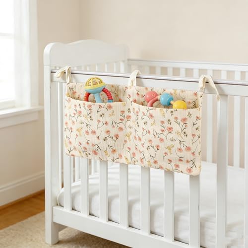Baby Bedside Hanging Storage Bag Muslin Cotton Floral, Crib Diaper Caddy - Image 5