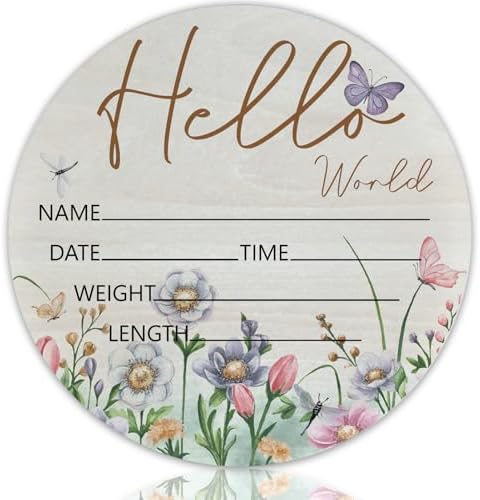 Birth Announcement Sign Hello World Baby Name Wood Butterfly Theme by Unknown
