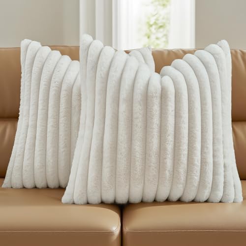 FUTEI Pack of 2 Faux Fur Throw Pillow Covers 20x20 Inch, Cream White by FUTEI