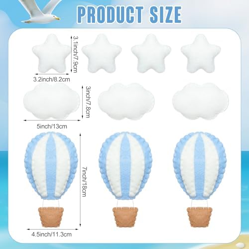 Poen 10 Pcs Hot Air Balloon Felt Wall Decor, Nursery Stars Clouds - Image 2