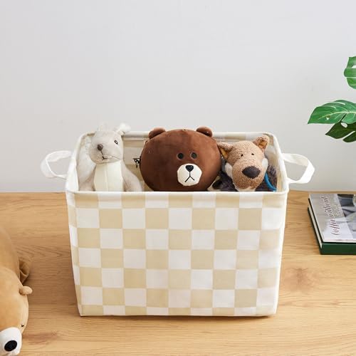Ohocut Beige White Checkered Canvas Basket, Rectangular Organizing Decorative - Image 5
