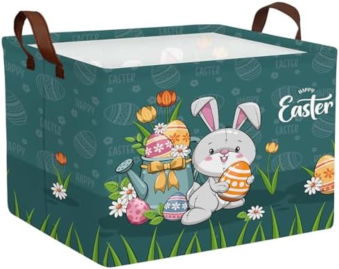 Large Cute Easter Basket for Kid Empty Gift Baby Rectangle Storage Bin Bunny by ASKETAM