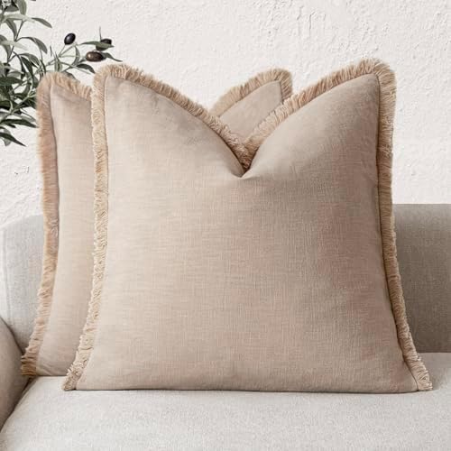 Foindtower Decorative Linen Fringe Throw Pillow Covers 16×16 Inch, Tan Beige by Foindtower