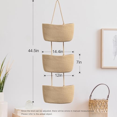 TeoKJ Over the Door Hanging Basket, 3-Tier Woven Cotton Wall-Mounted Storage - Image 5