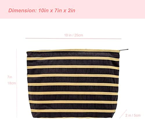 Flat Makeup Bag for Women, Zipper Cosmetic Pouch for Purse, Stripe Black - Image 3