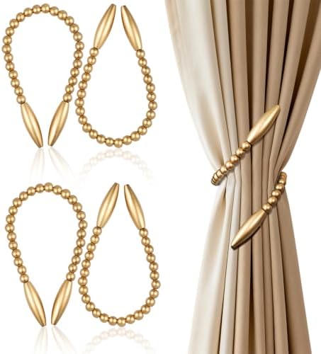 Wood Bead Curtain Tiebacks 4 Pack, No Drill Curtain Holdbacks by OCIOLI