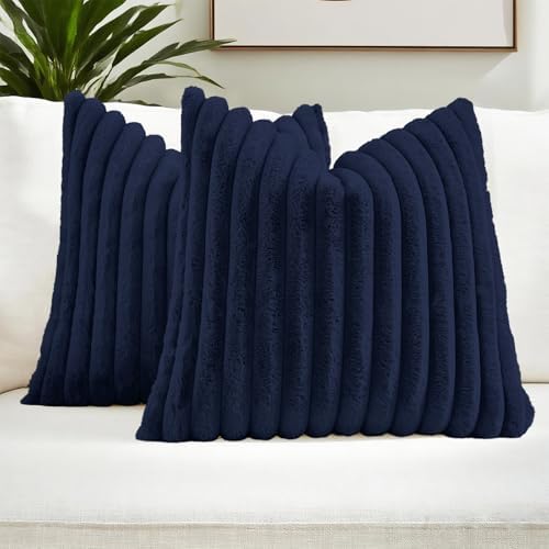 FUTEI Pack of 2 Faux Fur Throw Pillow Covers 18x18 Inch, Dark Navy by FUTEI