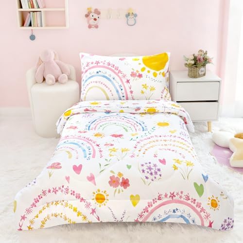 Pea Pod Toddler Bedding Set for Girls, 4 Piece Soft & Breathable Rainbow & Sun by PeaPod