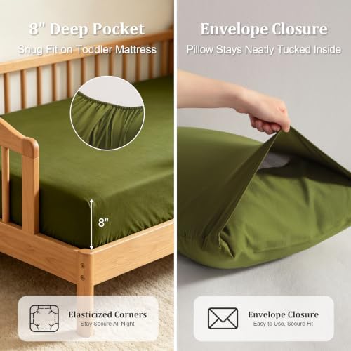 BEDSUM 4pc Toddler Cooling Bedding Set, Rayon Made from Bamboo, Olive Green - Image 4