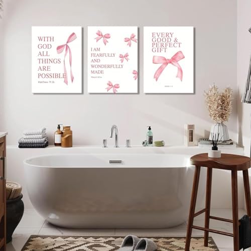 Coquette Pink Bow Canvas Wall Art Set of 3, Inspirational Bible Verses Decor - Image 6